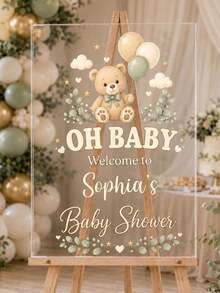 Personalized Teddy Bear Acrylic Welcome Sign, Neutral Baby Shower Decor - Multicolor - View 4