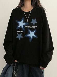 Women's Spring/Autumn Loose Fit Versatile Crew Neck Fashion Casual Letter & Heart Print Long Sleeve T-Shirt Black - Black - View 2