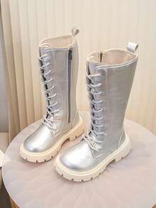Girls' Shiny Silver Lace-Up High-Top Boots, Fashionable Thick Sole Long Boots, Suitable For Daily And Party Wear - Silver - View 2