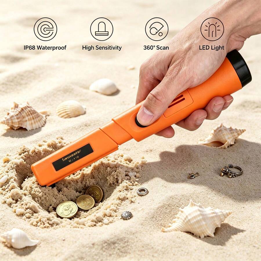 1pc Metal Detector Handheld, Waterproof 360 Scan Mine Treasure Detector With High Sensitivity, Includes Belt And Holster, Golden Treasure Hunting Unearthing Tool With Buzzer Vibration,Portable New Style(Battery Not Included) - Orange - View 1