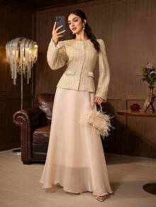 Bộ 2 món áo khoác tweed đính sequin thanh lịch cho nữ và chân váy dài, cổ tròn, viền tương phản đính cúc, phù hợp đi làm hàng ngày, văn phòng, tiệc tùng, chất liệu mềm - Màu be - Xem 8