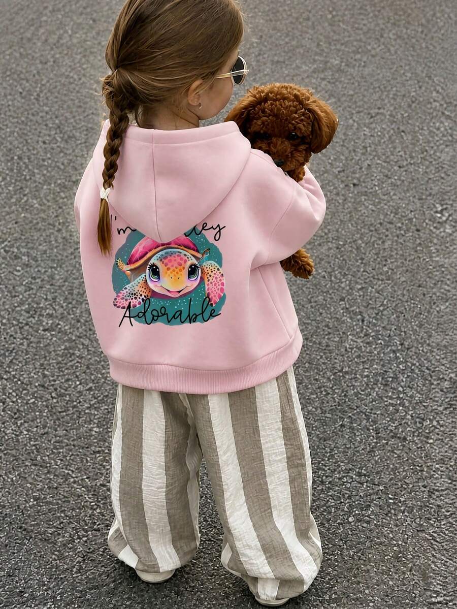 1pc Girls Toddler Dreamy Cartoon Turtle Pun Print Sweatshirt, Pink Cute Loose Casual Pullover Sweatshirt - Pink - View 1