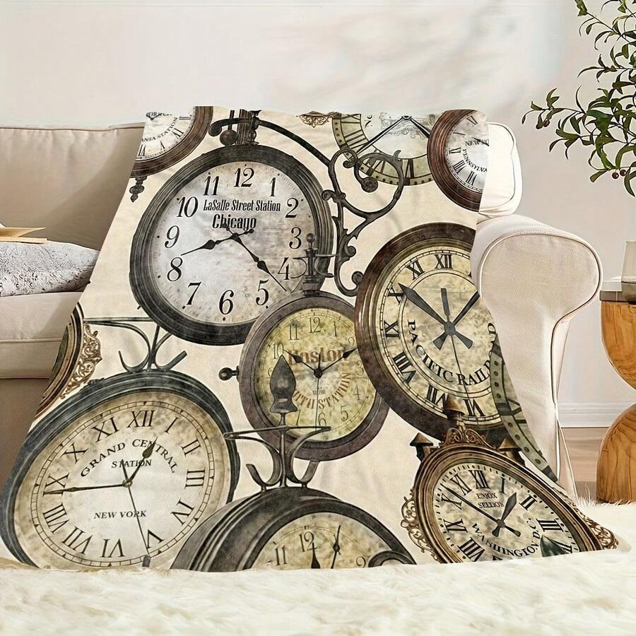 Vintage Clock Print Throw Blanket Rustic Country Cabin Ultrasoft Touch Blanket – Exotic Boho Aesthetic - Multicolor - View 1