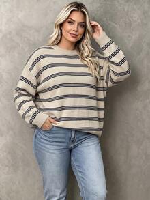 Sweater Rajut Bergaris Ukuran Besar untuk Wanita, Atasan Lengan Panjang Nyaman dengan Leher Bulat dan Bahu Longgar untuk Musim Gugur dan Musim Dingin - Aprikot - View 5