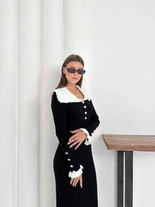 Women's Ruffled Pearl Button Detailed Dress - Black - View 3