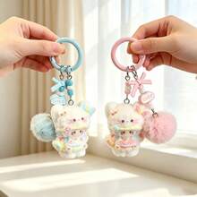 Panini Sweet Cartoon Cat Flocked Bag Charm, Beaded Bowknot DIY Pendant, Suitable For Car Key Decoration, Daily Outfit Accessory, Best Holiday Gift - Multicolor - View 7