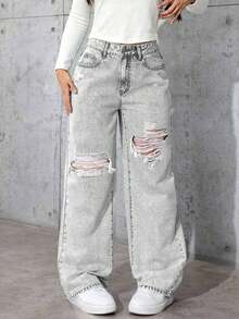 Teen Girls Distressed Denim Jeans Comfortable Versatile Jeans - Light Grey - View 2