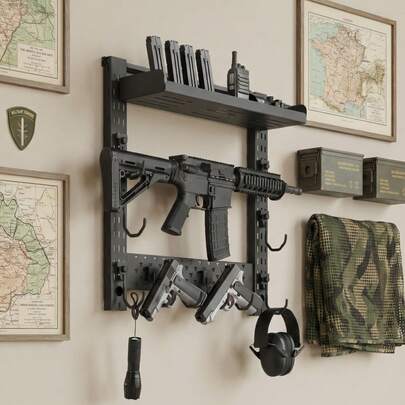 Gun Rack Wall Mount, Heavy Duty Steel, Indoor Rifle Shotgun Rack With J-Hooks, Additional Tray Storage, Gun Accessories Display Storage Holder, Hold Up To 3 Rifles Or Shotguns, For Tactical Gear