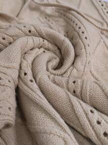 ASHKATIA Women's Plus Size Hooded Knit Sweater, Ribbed Rope Detail, Earth Tone Vintage Style, Suitable For Layering In Autumn/Winter - Apricot - View 7