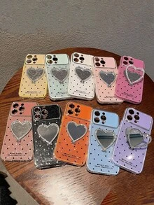 2件裝奢華閃亮波點亮片水鑽愛心鏡面支架防震手機殼，相容 iPhone 17Pro Max 17Pro 17 17Air 16Pro Max 16Pro 16PLUS 15Pro Max 15Pro 14Pro 14Pro Max 16 15 14 13 12 11，鏡頭保護後殼 - 黃色 - 查看 5