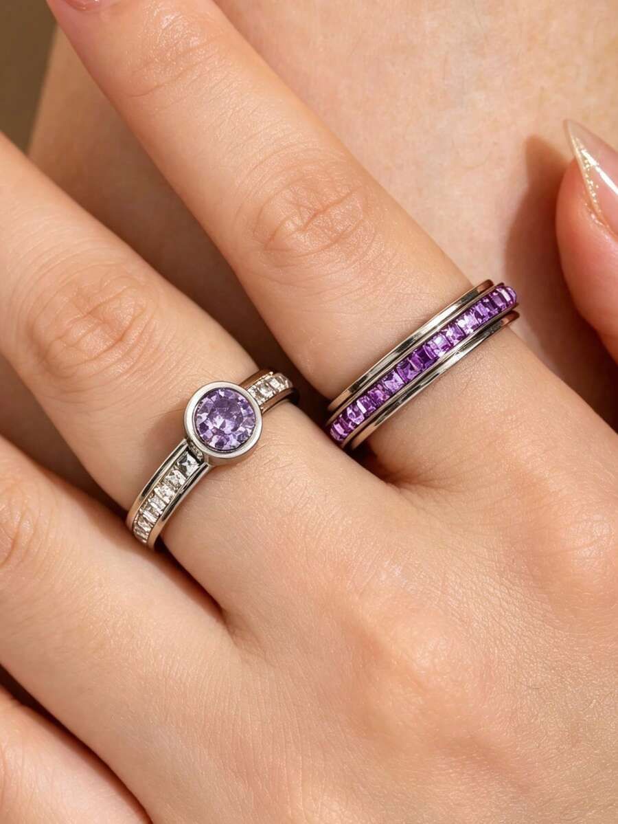 2pcs Stainless Steel Silver Purple Zirconia Ring Set, Fashionable Personalized Rotating Pave Round Purple Zirconia Inlaid White Zirconia Rings For Men And Women Couples, Holiday Gift, Daily Commute Layering Jewelry - Gold - View 1