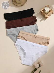 5pcs Solid Color Lace Patchwork Bow Ribbed Cotton Women's Triangle Panties, Bodycon Elastic Comfortable Ladies Underwear - Multicolor - View 2