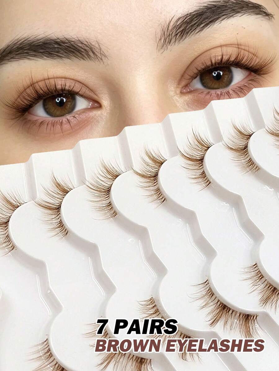7 Pairs Brown Cartoon Style Half False Eyelashes, Transparent Stem, Suitable For Cartoon Eye Makeup, Reusable, Perfect For Daily, Commute, Travel, Party And Gift Giving - Brown - View 1
