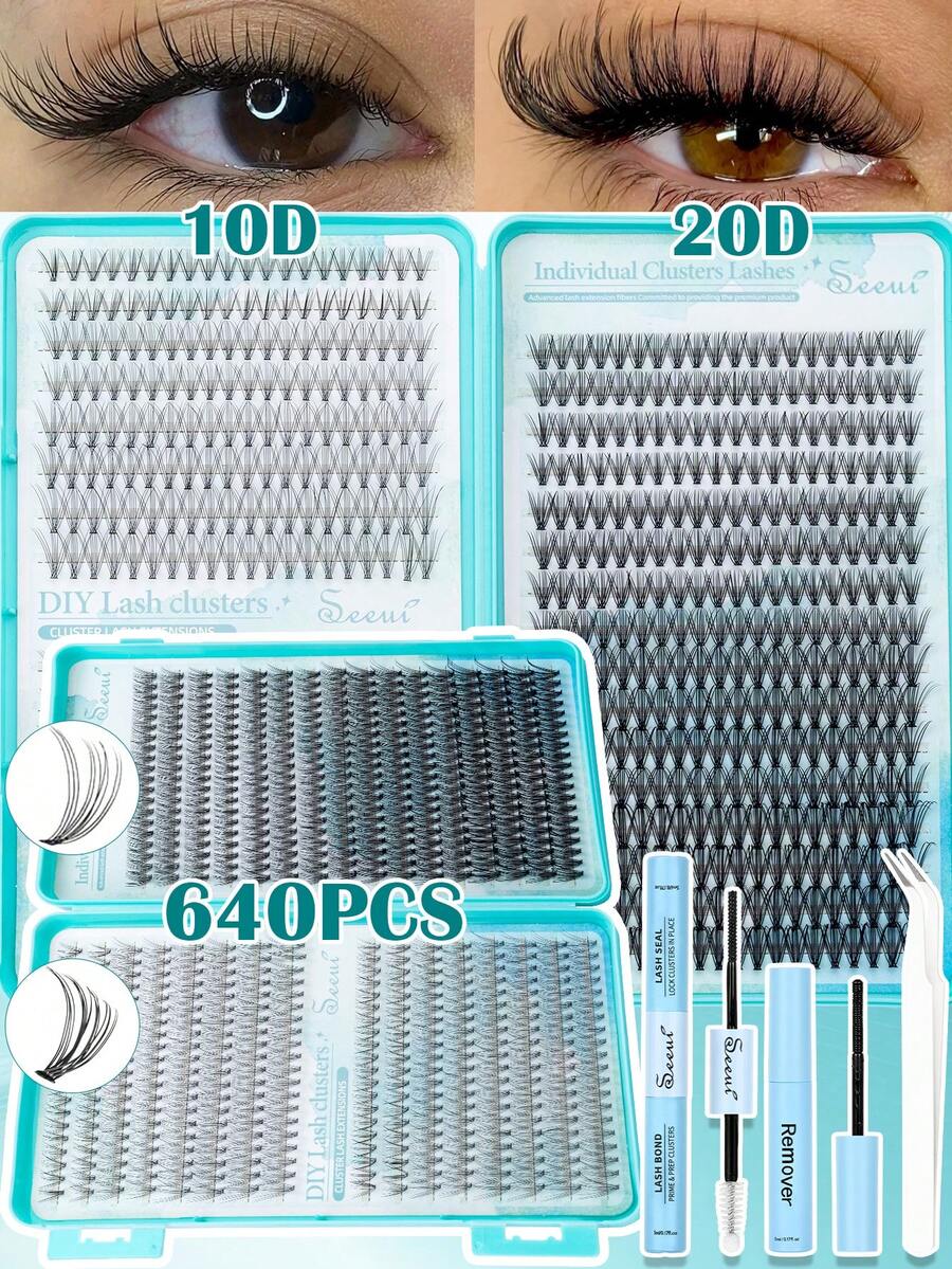 640PCS Lash Clusters Eyelash Extension Kit, 10-20D Individual Lashes Kit, With Bond And Seal, Remover, Tweezers, Wispy Soft Daily Cluster Lashes, 3D Eyelash Extension Kit, Suitable For Quick DIY Eyelash Makeup At Home, Self Use - Black - View 1