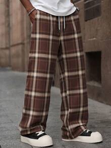 SU ER Men's Summer Casual Elastic Waist Drawstring Loose Drapey Lazy Wide Leg Plaid Curved Leg Long Pants - Coffee Brown - View 2