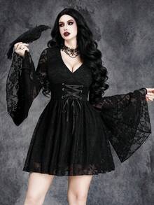 Women's Gothic Sexy Dark Halloween Party Romantic Glamorous Layered Witch Sleeve Cosplay Metal Rope Waist Elastic Dress - Black - View 5