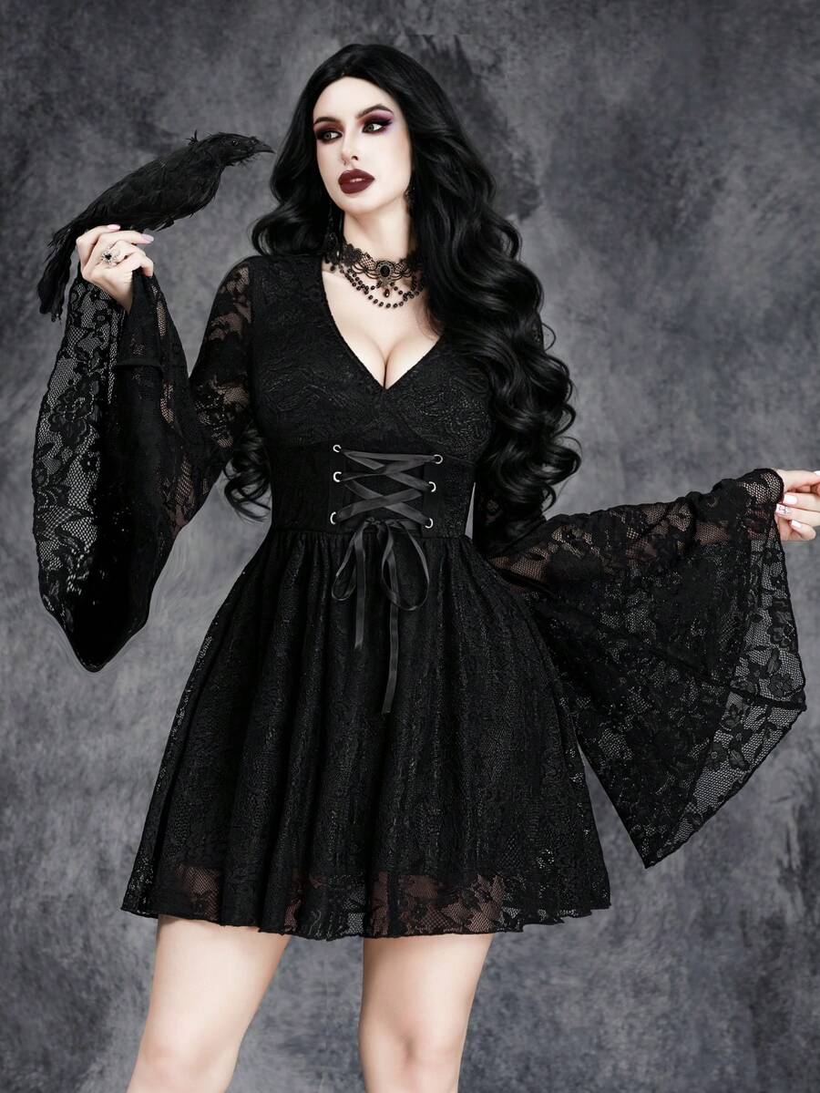 Women's Gothic Sexy Dark Halloween Party Romantic Glamorous Layered Witch Sleeve Cosplay Metal Rope Waist Elastic Dress - Black - View 1