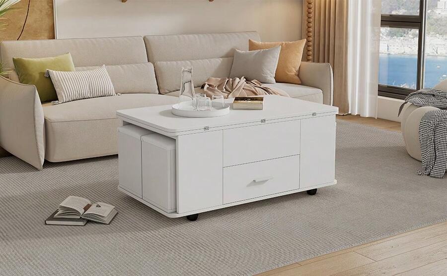 Coffee Table With Storage Adjustable White Made Of Wood For Living Room - White - View 1