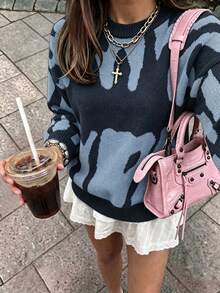 Fashionable Pattern Round Neck Long Sleeve Casual Pullover Sweatshirt, Letter & Graphic Print, Dropped Shoulder, College Style Street Wear, Knit Sweater For Spring - Multicolor - View 2