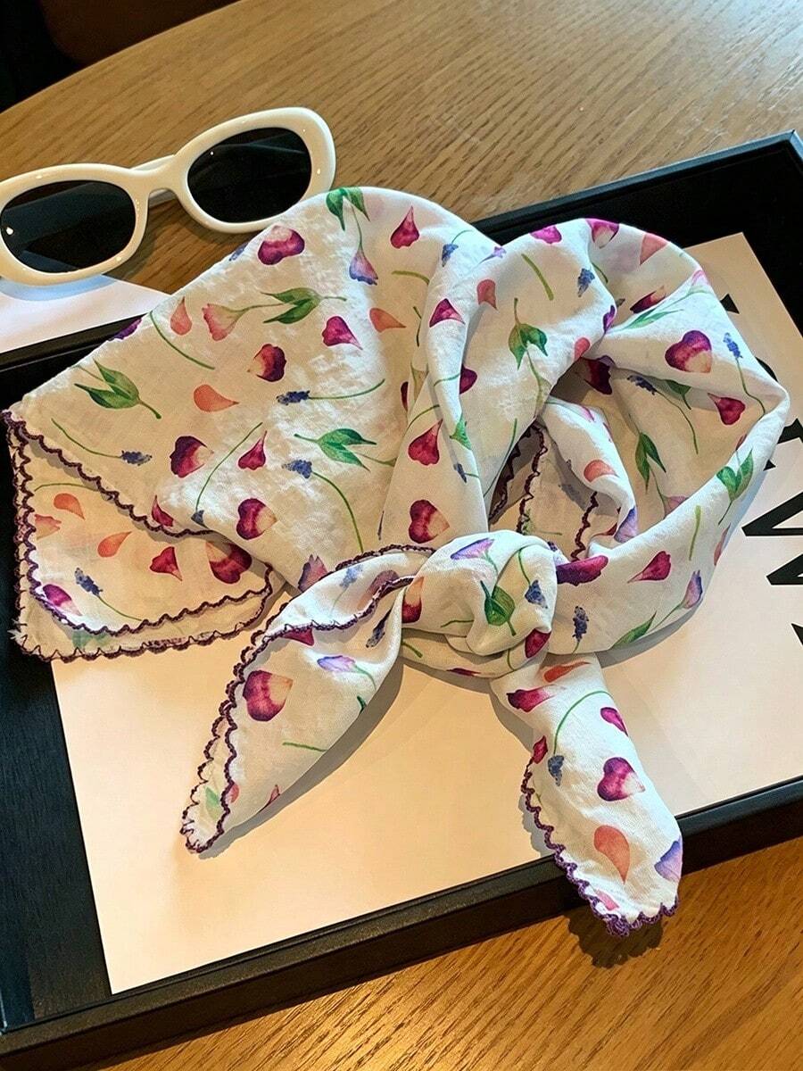 60cm 紫色碎花印花正方形絲巾，女款春/秋新款，高端透視領巾，百搭裝飾薄圍巾