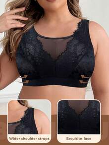 1pc Casual Comfortable Minimalist Plus Size Women's Bra Lace Patchwork, Wire-Free Soft Comfortable Lingerie - Black - View 3