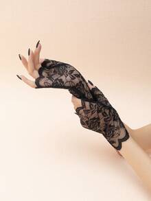 1 Pair New Transparent Rose Pattern Lace Fingerless Gloves, Bridal Wedding Dress Photography Atmosphere Short Gloves, Polyester Fiber - White - View 4