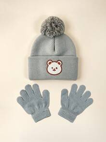 1set Bear Baby Pom-Pom Beanie White Hat Gloves Set, Cozy Knit Winter Warm Heart Cute Hat For Kids, Outdoor Accessory,Winter Baby Hat - Multicolor - View 7