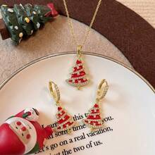 Women's Christmas Tree Jewelry Set, Gold Red Enamel Rhinestone Pendant Necklace And Hook Earrings, Holiday Party Christmas Gift - Gold - View 1