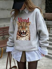 Autumn/Winter New Women's Round Neck Sweatshirt Leopard Print Fashion Versatile Street Casual - Dark Gray - View 2