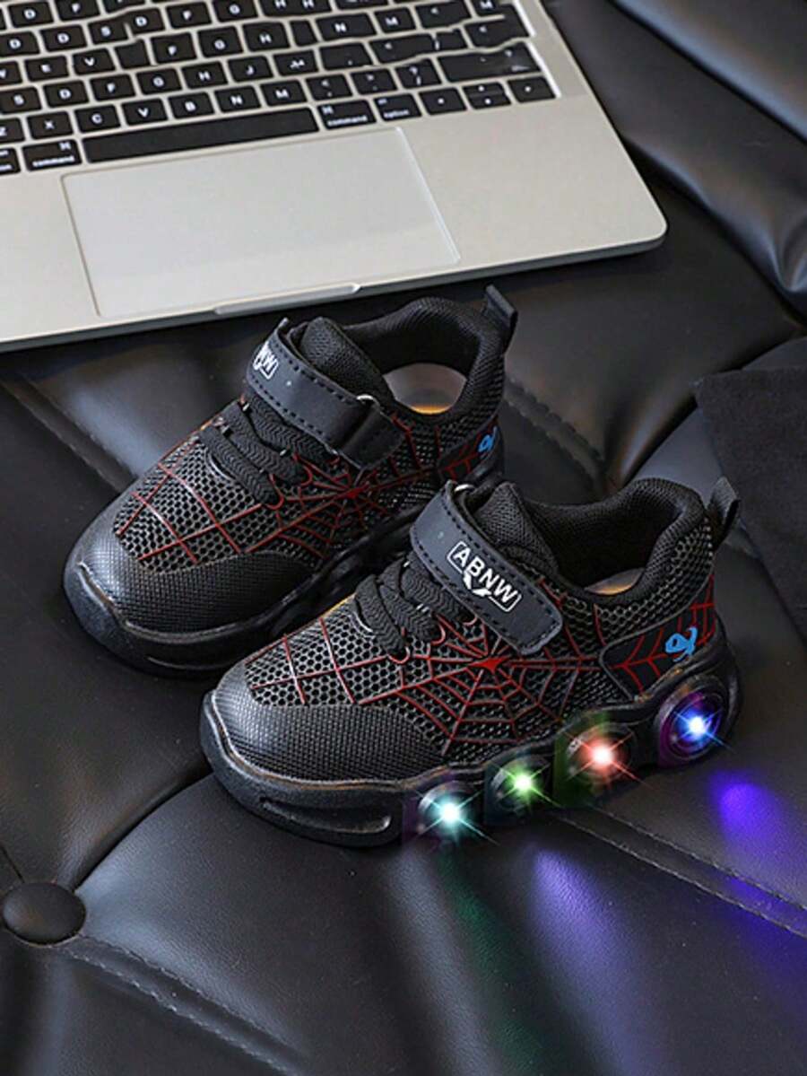 1 Pair 2026 New Halloween Christmas Kids Boys Girls Glowing Cartoon Light-Up Spider Soft Sole Mesh Breathable Running Sports Shoes - Black - View 1