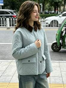 Women's Solid Color Commuter Cotton Padded Coat - Baby Blue - View 3