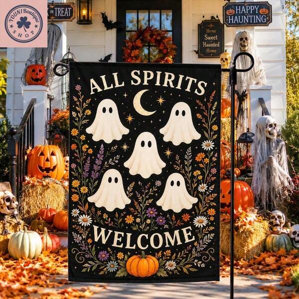 Bohemian Halloween Ghost Garden Flag, Spooky Pumpkin Autumn Outdoor Decor, Rustic Style Decoration, Christmas, Thanksgiving, Halloween, Single-Sided Print, Durable Polyester Material, Flag Pole Not Included (Flag Only)