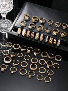 10/20pcs Women's Ring Set, Random Styles, Stainless Steel 18K Gold Plated, Rhinestone Inlaid, Stackable Rings, Daily Women's Jewelry - Yellow Gold - View 3