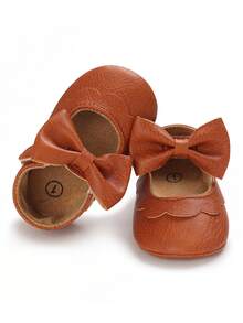 Premium Infant Girl Bow Mary Jane Shoes, Soft Sole Non-Slip Newborn Princess Walking Shoes - Brown - View 4