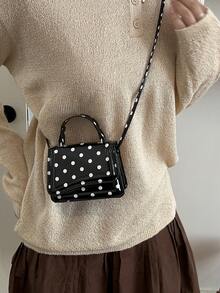 Mini Polka Dot Pattern Fashion PU Designer Style Elegant Women's Flap Top Small Handbag, Square Crossbody Shoulder Bag - Black - View 4