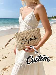 1pc Personalized Straw Handbag, Customized Bohemian Style Zipper Storage Bag With Wrist Strap And Zipper, Bridesmaid Makeup Bag, Summer Beach Vacation Clutch - Multicolor - View 4