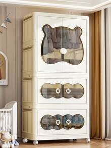 Foldable Wardrobe,Storage Cabinet With Hanging Area & Multi-Layer Drawers,Seasonal Clothes Storage, 70CM Large Capacity Cute Bear Design Closet Organizer For Chlidren Room, Bedroom Nursery Space Saving Storage For Clothes Toys Daily Sundries - Beige - View 3