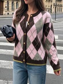 Autumn/Winter Casual Colorblock Argyle Knit Cardigan - Multicolor - View 5