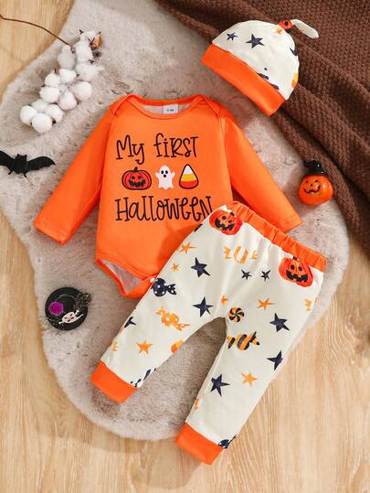 Novas Roupas Infantis de Outono e Inverno Conjunto de Roupa de Bebê para Halloween com Estampa de Rosto de Fantasma de Desenho Animado Manga Longa