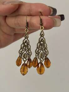 1 Pair Vintage Elegant Long Hollow Geometric Tassel Earrings Suitable For Women's Party And Daily Wear - Bronze - View 7