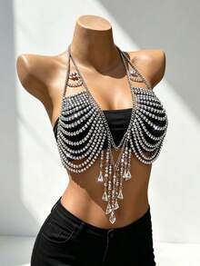ZHENGHEN Áo dây đeo cổ đính đá rhinestone cong nhiều lớp, dây xích cơ thể đính tua rua pha lê hình giọt nước, trang sức cơ thể lấp lánh cho rave, lễ hội, club, mặc ngoài bikini - Bạc - Xem 5