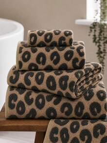 1pc/3pcs Luxury Leopard Print Jacquard Towel Set, Coral Fleece Fabric, Super Soft, High Absorbency, No Shedding, Quick Dry Hair Towel Hand Towel, Ideal For Bold Home Decor And Spa Environment - Coffee - View 2