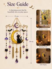1pc Gothic Halloween Sun Catcher, Black Cat Moon Crystal Window Hanging Decor With Bat And Star Beads, Sunlight Prism Light Capture Decoration, Suitable For Bedroom Window, Witch Style Home Decor - A - View 2