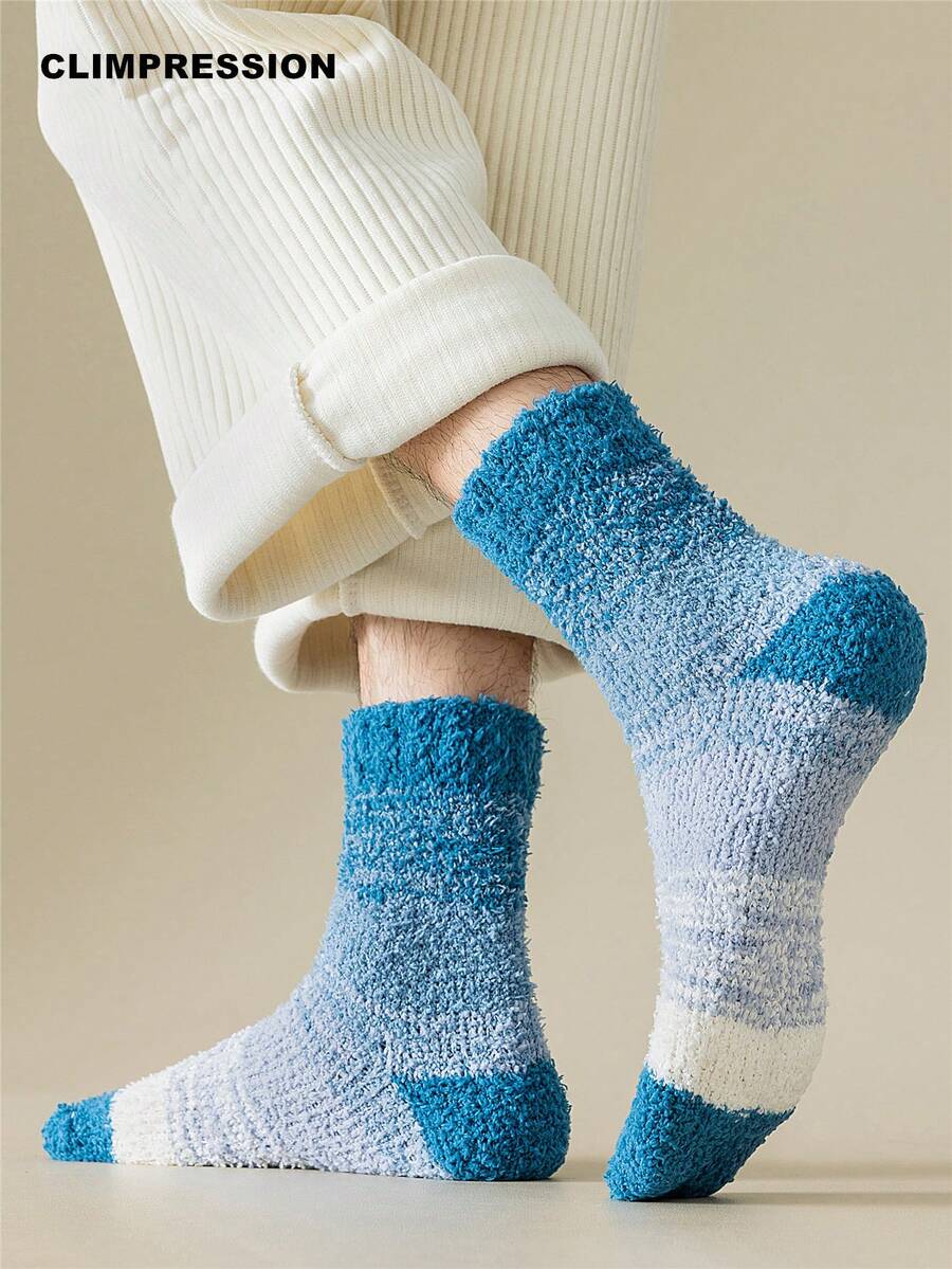 CLIMPRESSION Kaos Kaki Setengah Betis Unisex Motif Garis-Garis Blok Warna Bahan Bulu Karang Mewah, Kaos Kaki Tidur di Rumah yang Nyaman dan Hangat untuk Musim Dingin - MultiWarna - View 1