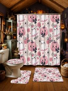 1/4pcs Halloween Pink Cute Ghost Pumpkin Shower Curtain Set, With 12 Hooks Waterproof Polyester Shower Curtain, Bathroom Curtain, Privacy, Thickened, Durable Quick Dry, 180*180cm Size, Halloween Thanksgiving Autumn Harvest Bathroom Decor - A - View 3