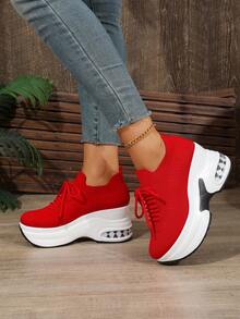 WTKMRSSTEP Spring/Summer New Women's Platform Lace-Up Casual Shoes, Breathable Commuter Versatile Shoes - Red - View 5