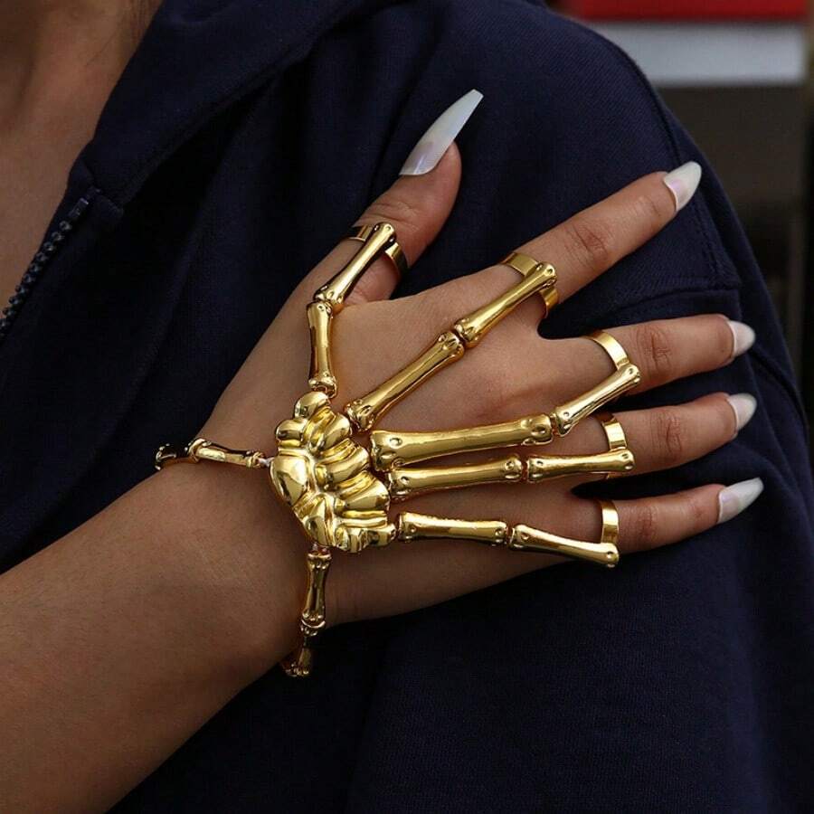 1pc Punk Distressed Alloy Skeleton Hand Bone Jewelry, Halloween Dark Gothic Style Exoskeleton Mechanical Hand Back Chain, Skeleton Ghost Claw Finger Bracelet Decoration - Multicolor - View 1