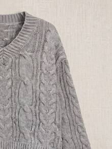 Cable Knit V-Neck Sweater With Lace Trim - Comfortable Loose Pullover For Autumn, Suitable For Casual Daily And Campus Style Fall - Grey - View 5