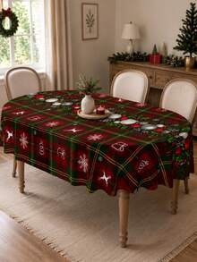 1pc Christmas Plaid Tablecloth, Classic Polyester Rectangular Tablecloth, Printed With Greenery Wreath, Red Berries, Decorative Balls And Snowflake Patterns, Suitable For Kitchen Decor, Wedding, Home Decor, Room Decor, Christmas Home Decor And Classroom Decor - Multicolor - View 2