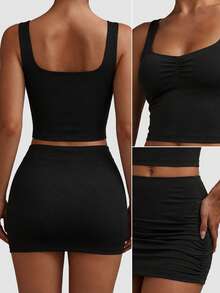 Women's Solid Color Ruched Bodycon Camisole And Mini Skirt Set - Black - View 6